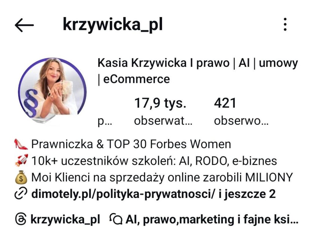 Instagram profil Kasi Krzywickiej krzywicka_pl